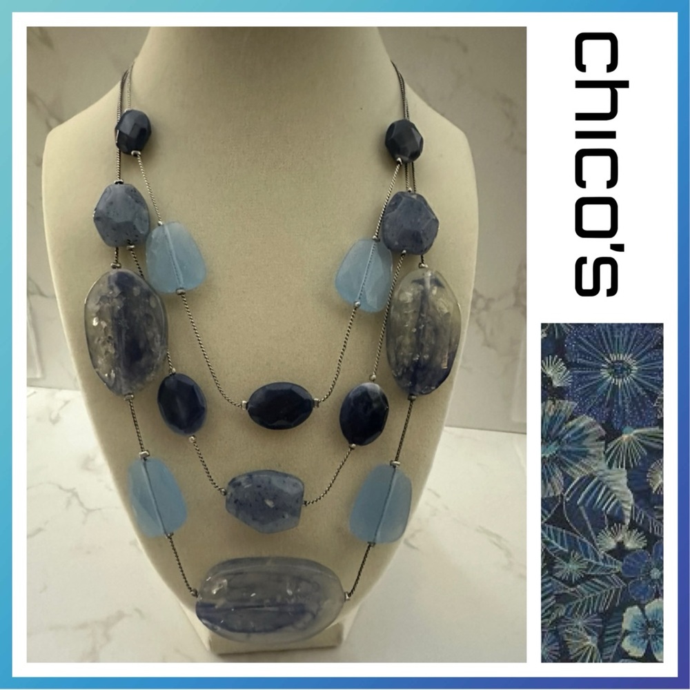 Chico’s  3-Strand Necklace. Beads in Blue Tones. Silver Tone Chain.